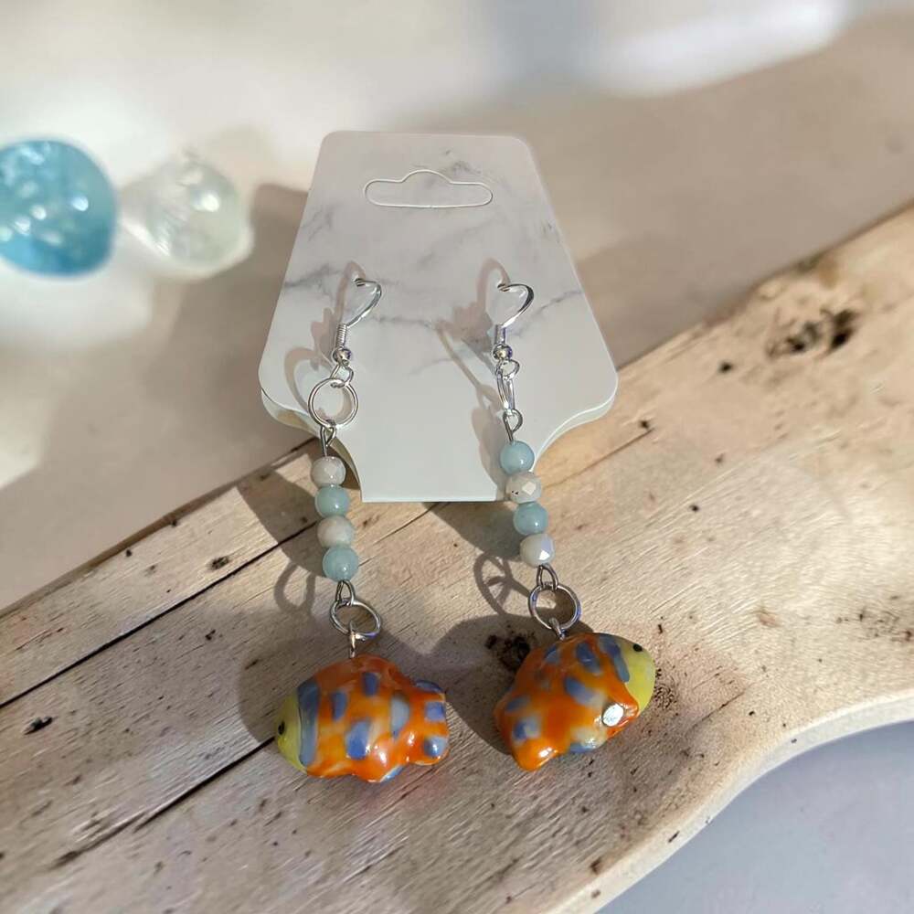 Handmade Ceramic Tropical Fish Dangle Earrings with Beaded Accents